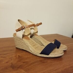 Lucky Brand Espadrille Navy Tan Wedge Sandals Size 10M Coastal Nautical